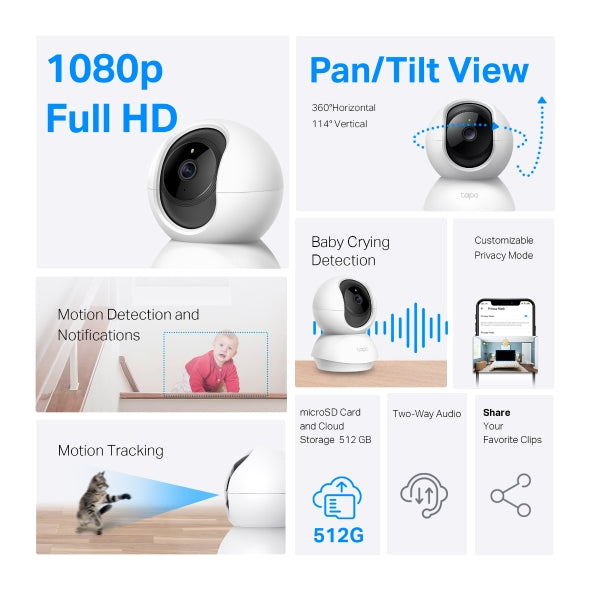 TP-Link Tapo C200C 1080p Indoor 360 Degrees Pan and Tilt Wireless WiFi IP Security CCTV Sale Hidden Camera Connect to Cellphone Two Way Audio with Mic and Speaker