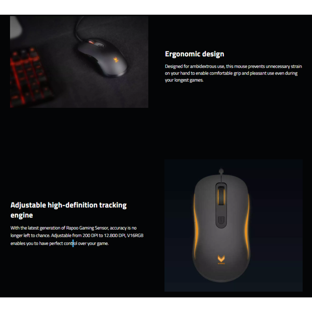 Rapoo V16 RGB Optical Wired 12800DPI Black Gaming Mouse 11928