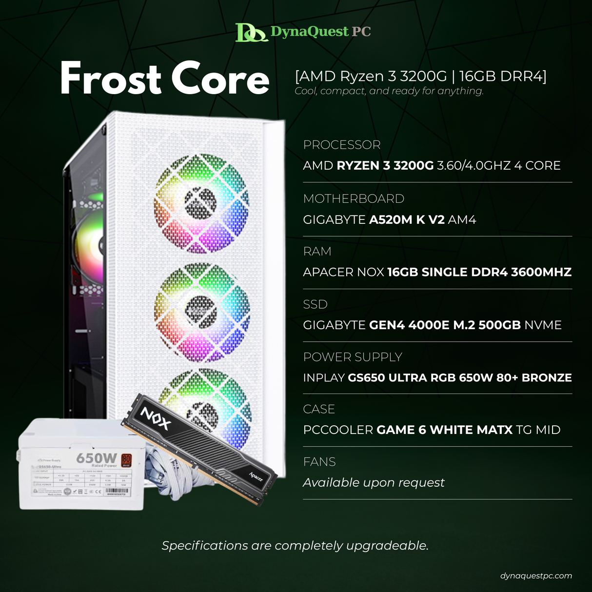 AMD Ryzen 3 3200G 4-Core | A520M | 16GB DDR4 RAM | 500GB NVMe SSD | 650W Bronze PSU | PCCooler mATX Case | CPU Package