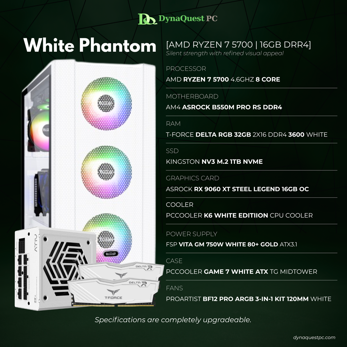 AMD Ryzen 7 5700 8-Core | B550M | 32GB DDR4 RAM | 1TB NVMe SSD | RX 9060XT 16GB OC GPU | 750W Gold PSU | PCcooler mATX Case | 120mm Air Cooler | CPU Package