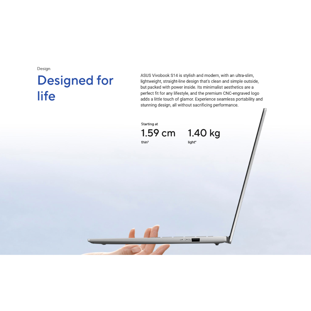 Asus Vivobook S14 S3407CA-LY066WSM | 14Inch WUXGA | Intel Core Ultra 5 225H | 16GB DDR5 RAM | 512GB SSD | HS+M365 | Windows 11 | Asus Backpack + Asus MD100 Marshmallow Mouse