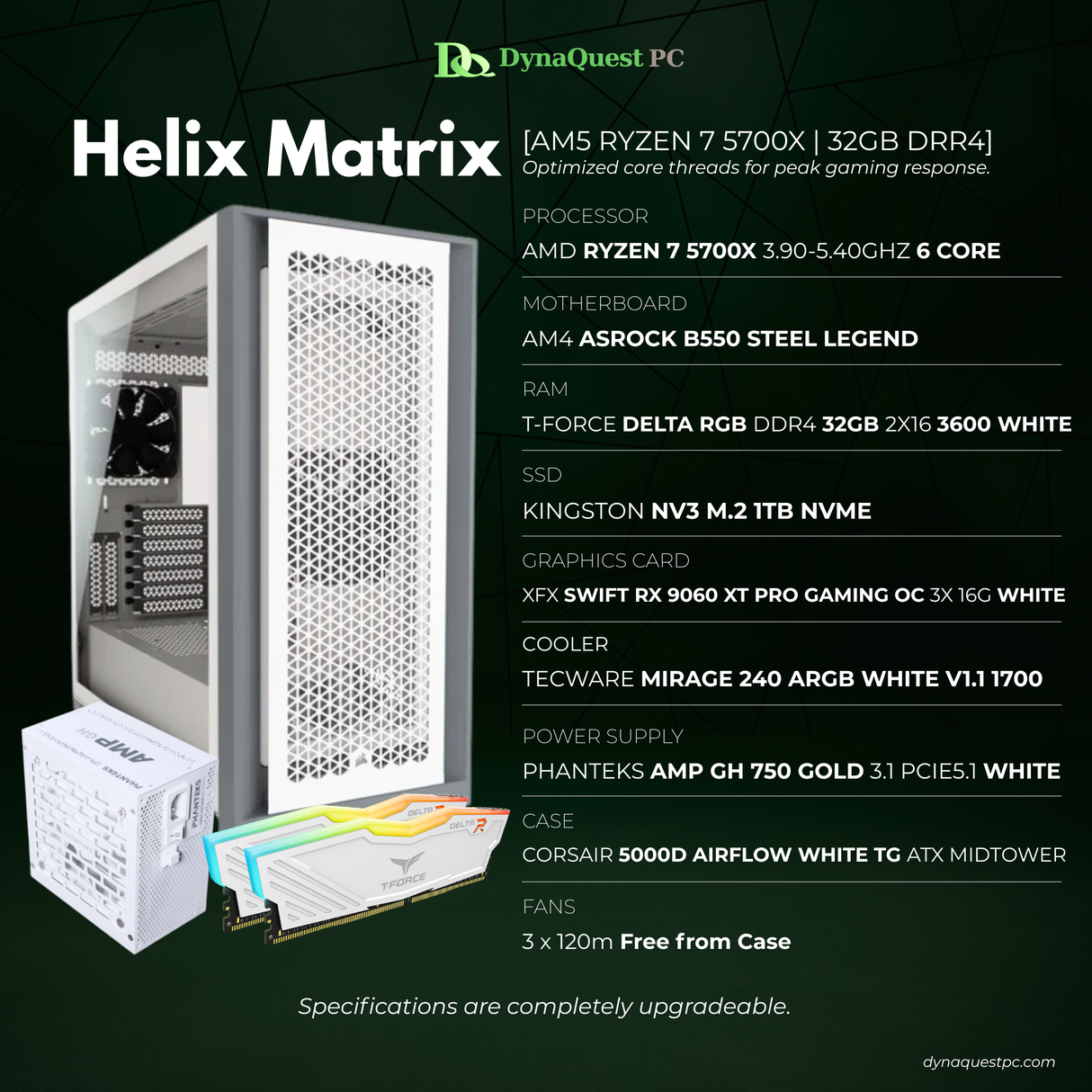 AMD Ryzen 7 5700X 8 Core | B550 | 32GB DDR4 RAM | 1TB NVMe SSD | RX 9060XT OC 16GB GPU | 750W Gold PSU | Corsair ATX Case | 240mm AIO Cooler | CPU Package