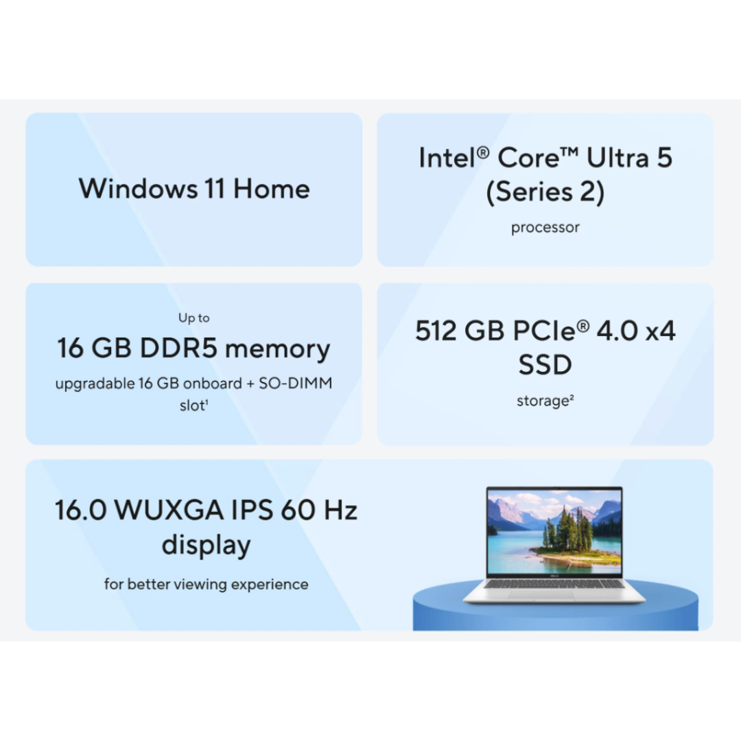Asus Vivobook 16X X1607CA-MB110WSM Laptop (Quiet Blue) | 16" IPS WUXGA (1920x1200) | Intel Core Ultra 5 225H | 16GB RAM | 512GB SSD | Intel Graphics | Windows 11 Home | MS Office Home 2024 + MS 365 Basic | Asus Backpack + Asus MD100 Marshmallow Mouse