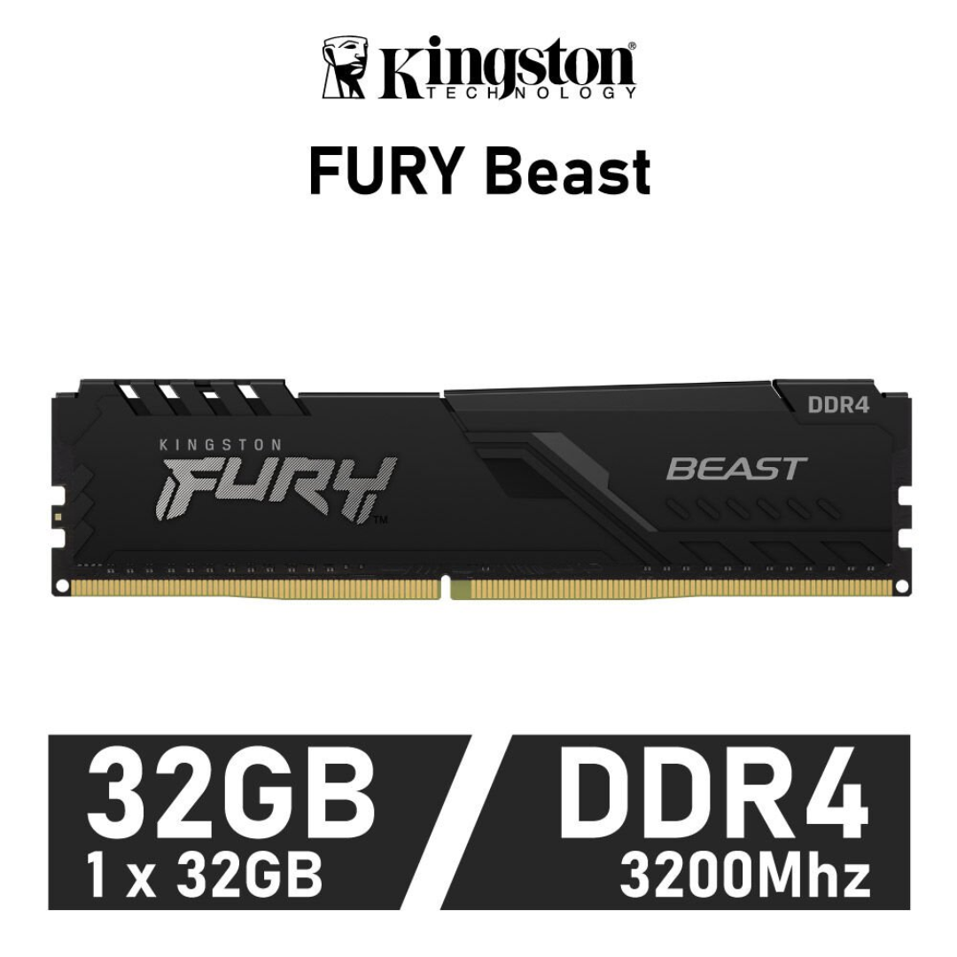 Kingston Fury Beast 32GB DDR4 3200 Black CL16 1.35v KF432C16BB/32 Desktop Memory
