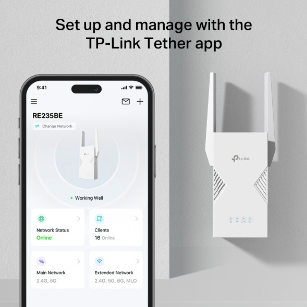 TP-Link RE235BE BE3600 3.6 Gbps Dual-Band Wi-Fi 7 EasyMesh Compatible Range Extender App