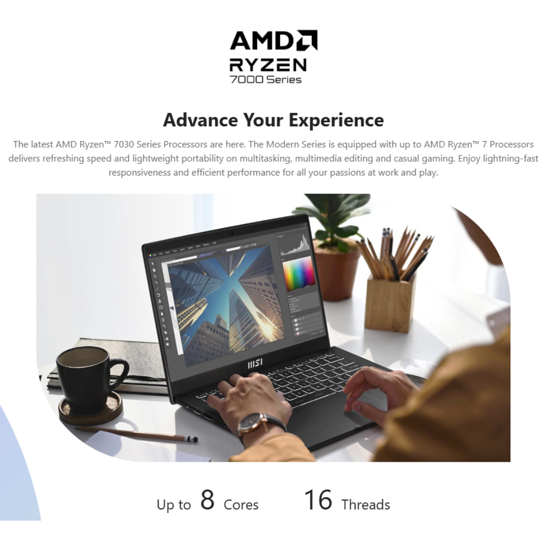 MSI Modern 14 C7M-269PH Laptop (Classic Black) | 14" FHD (1920x1080) IPS | Ryzen 7 7730U | 16GB RAM | 512GB SSD | RX Vega Graphics | Windows 11 Home | MSI Sleeve Bag