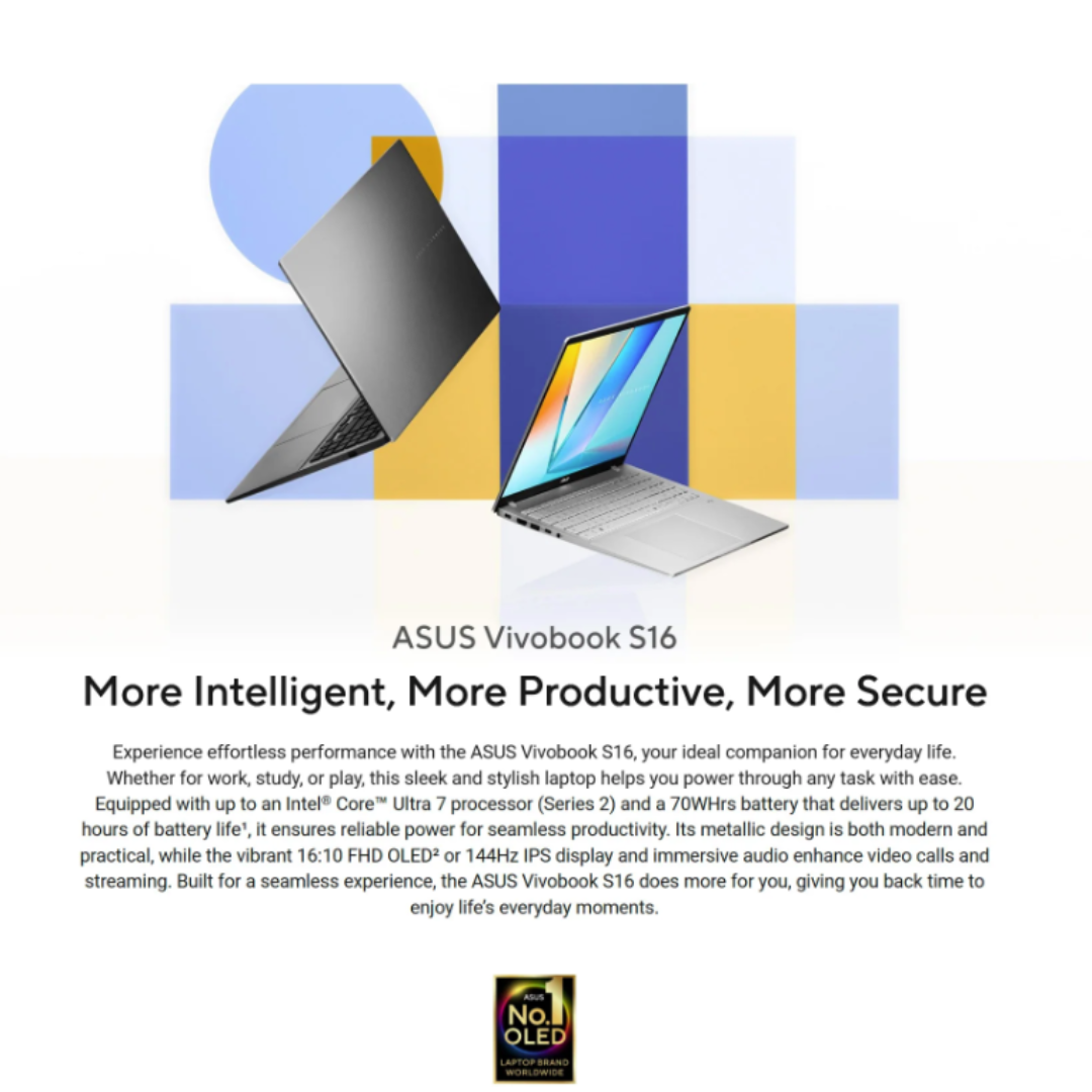 Asus Vivobook S16 S3607CA-RP049WSM Laptop (Matte Gray) | 16" 144Hz IPS WUXGA (1920x1200) | Core 7 255H | 16GB RAM | 1TB SSD | Intel Arc Graphics | Windows 11 Home | MS Office Home 2024 + MS 365 Basic | Asus Backpack