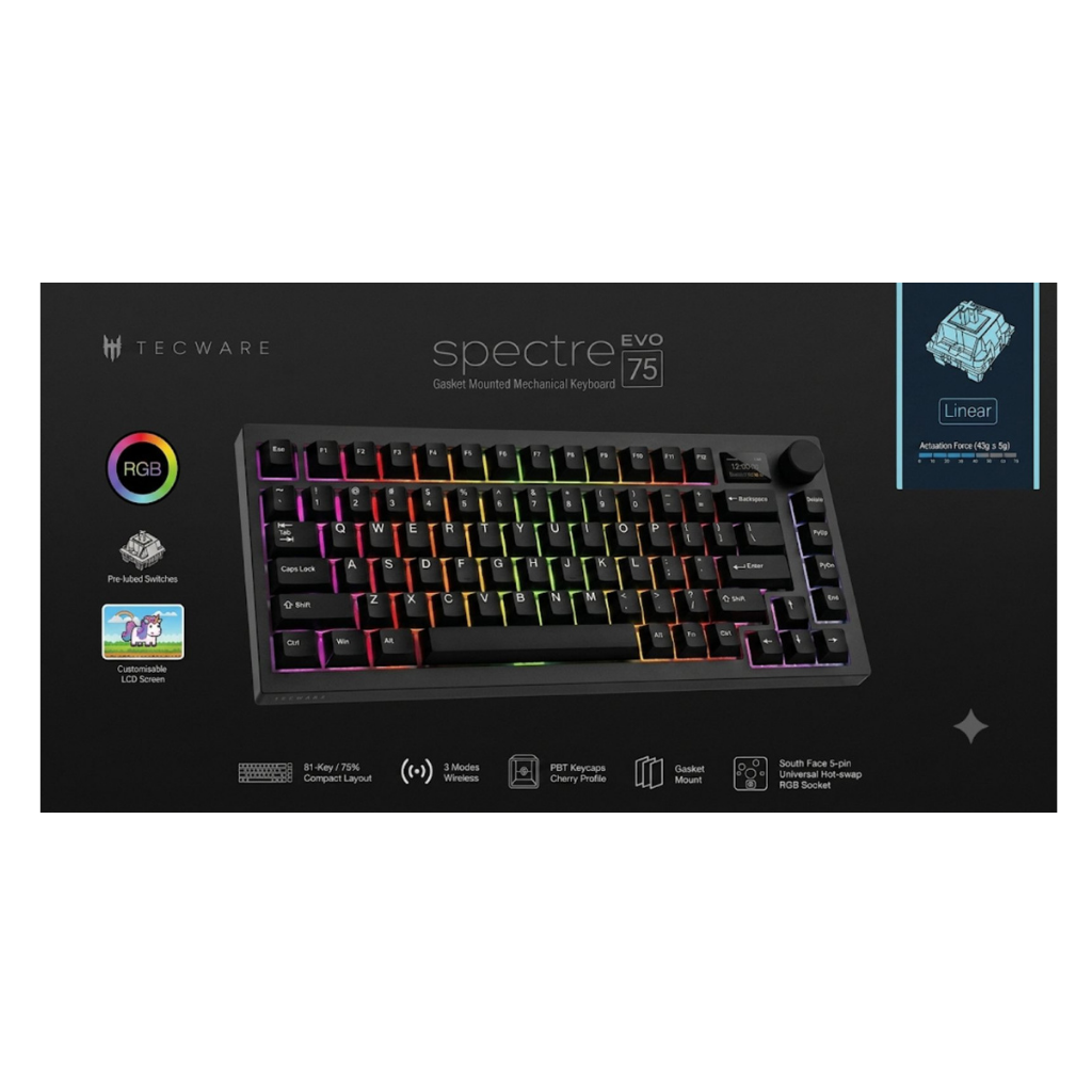 Tecware Spectre Evo 75 BLACK LCD 3-Mode Gaming Keyboard ( Switch: Purple Tactile | Blue Linear )