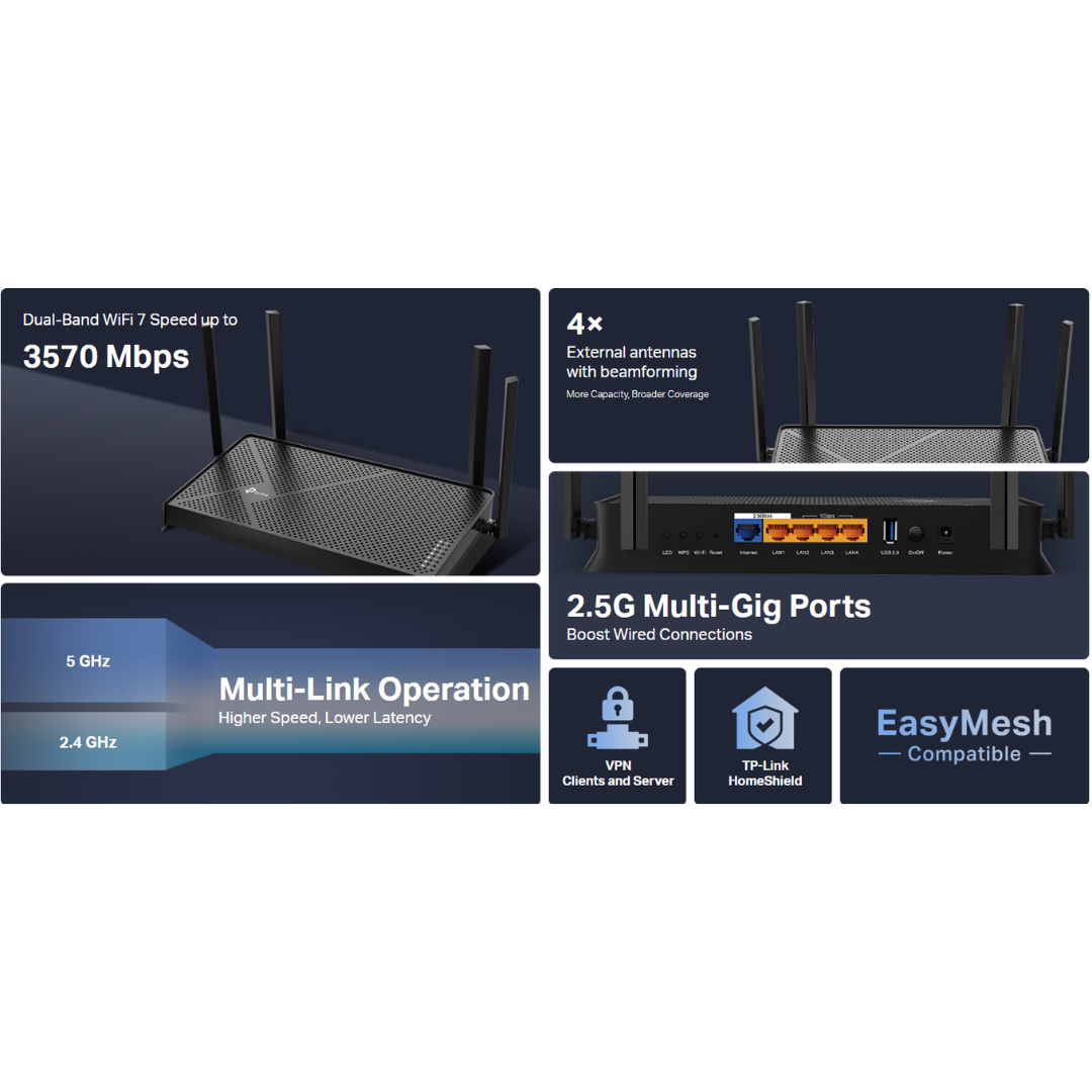 TPLink Archer BE230 BE3600 3.6 Gbps Dual-Band WiFi 7 EasyMesh-Compatible Router | WiFi Router | Modem | WiFi 7 | EasyMesh