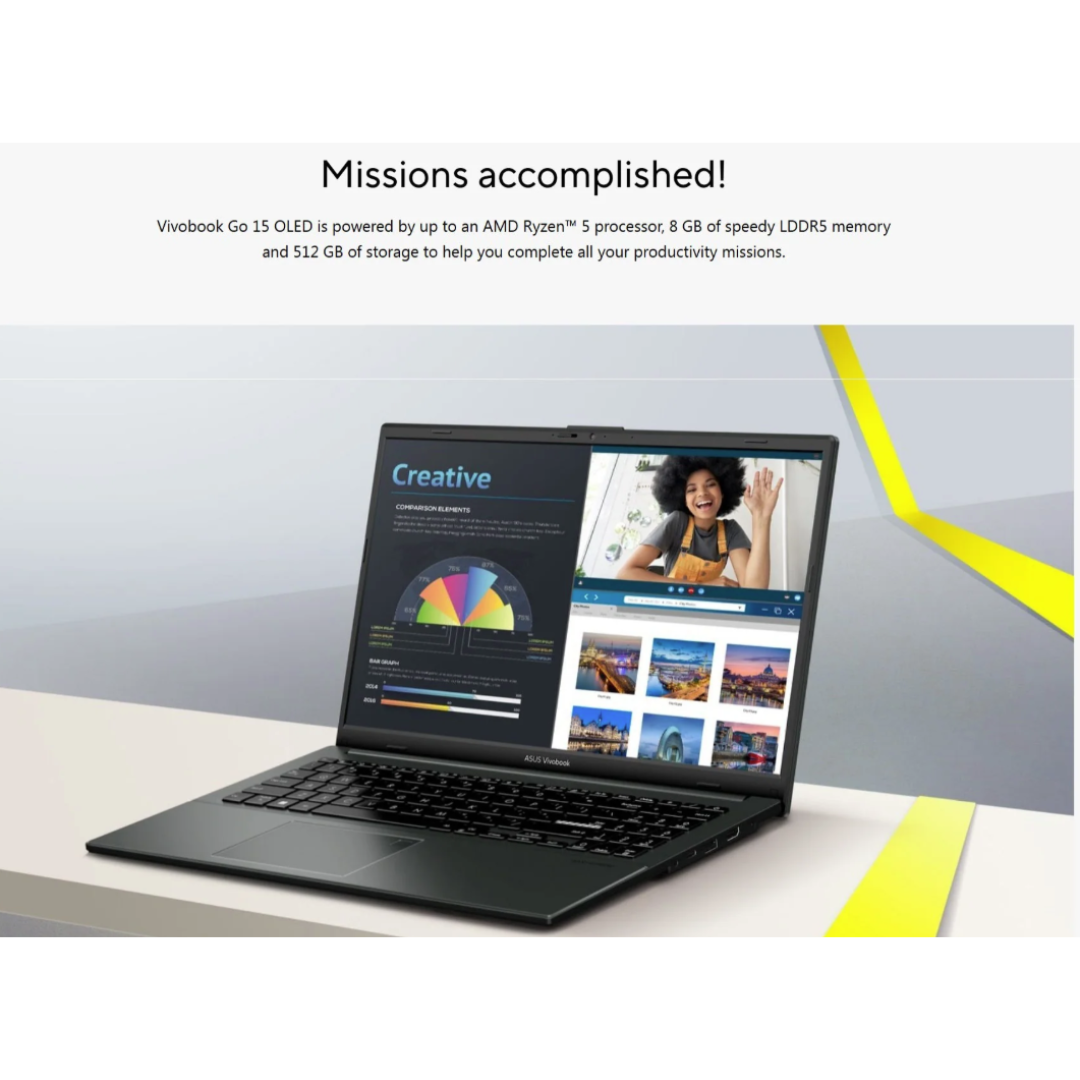 Asus Vivobook Go 15 E1504FA-NJ1970WSM Laptop (Mixed Black) | 15.6" FHD 1920x1080 | Ryzen 5 7520U | 8GB RAM | 512GB SSD | AMD Radeon Graphics | Windows 11 Home | MS Office Home 2024 + MS 365 Basic | Asus Backpack