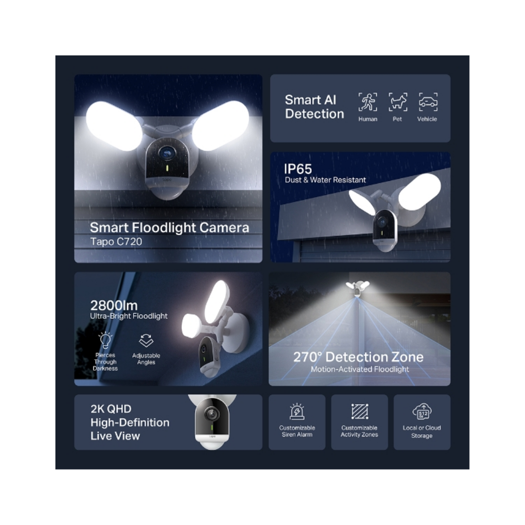 TP-Link Tapo C720 2K QHD Live View Smart Floodlight Outdoor WiFi IP Security Cctv Sale Camera Connect to Cellphone with Mic and Speaker