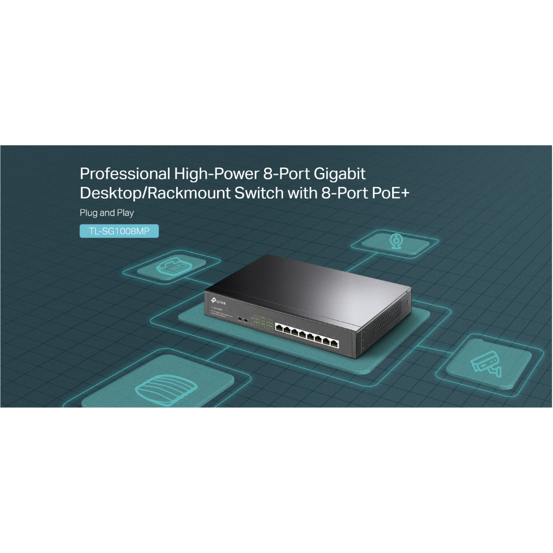 TPLink TL-SG1008MP Plug and Play 10/100/1000Mbps 8-Port Gigabit Desktop/Rackmount Switch with 8-Port PoE+ | IEEE 802.3af/at | Innovative energy-efficient technology | Supports PoE+ standard