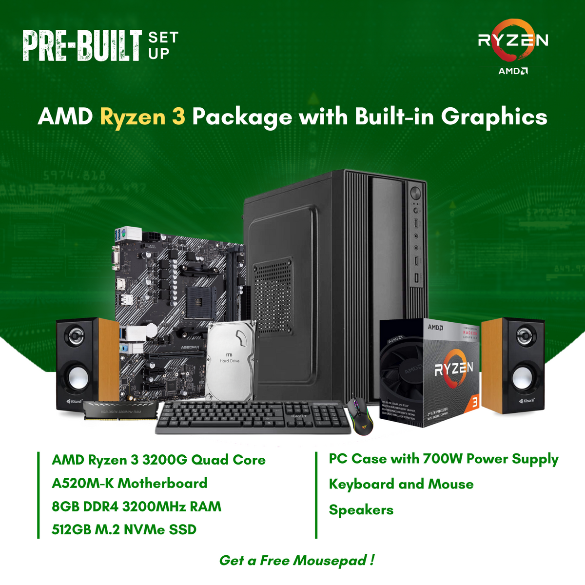 AMD Ryzen 3 3200G Quad Core | Vega 8 Graphics | A520M | 8GB DDR4 RAM | –  DynaQuest PC