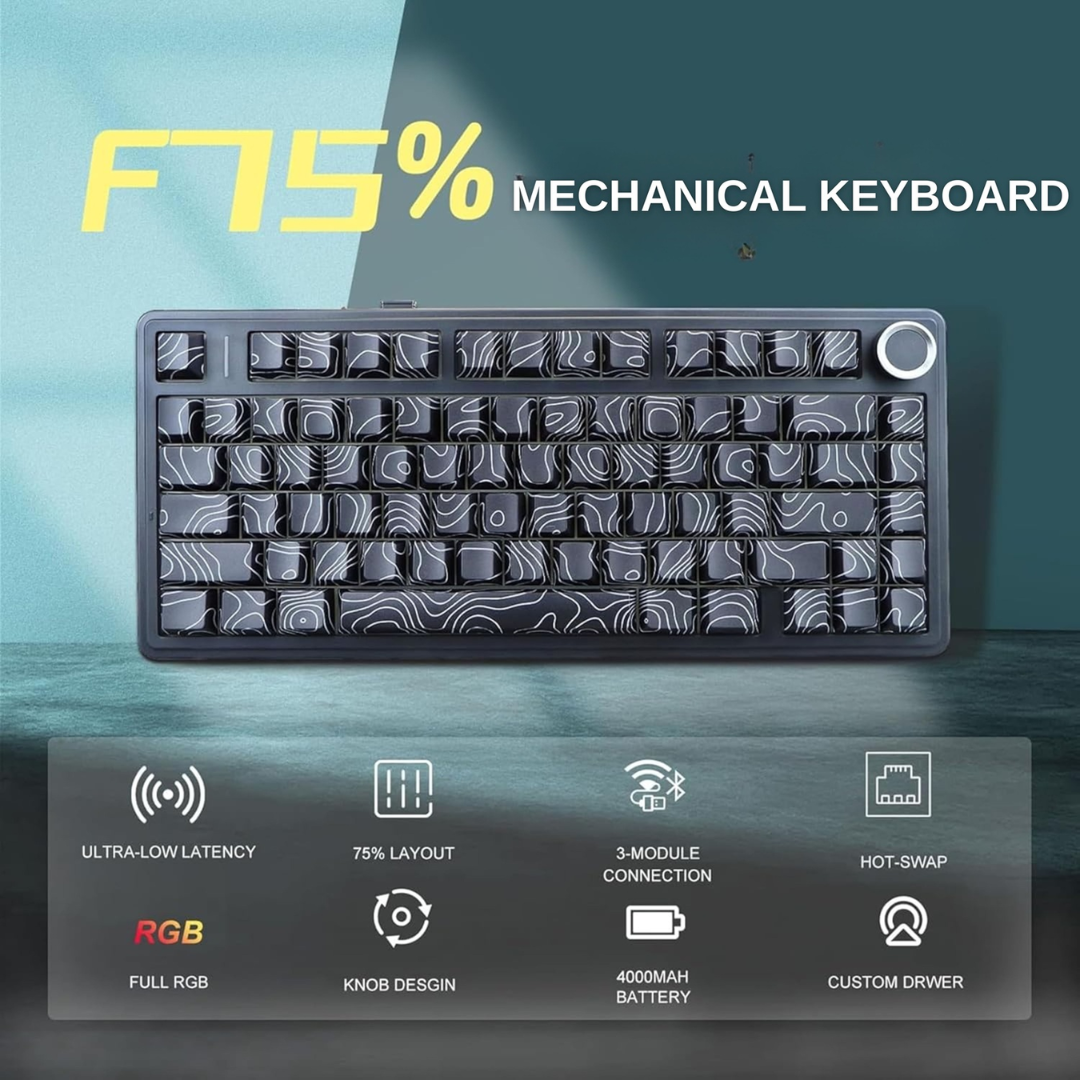Aula F75 Mechanical Keyboard 75% 80 Key RGB Tri-Mode Wired Bluetooth 2.4G Gasket Structure Hot-swap Gaming Keyboard