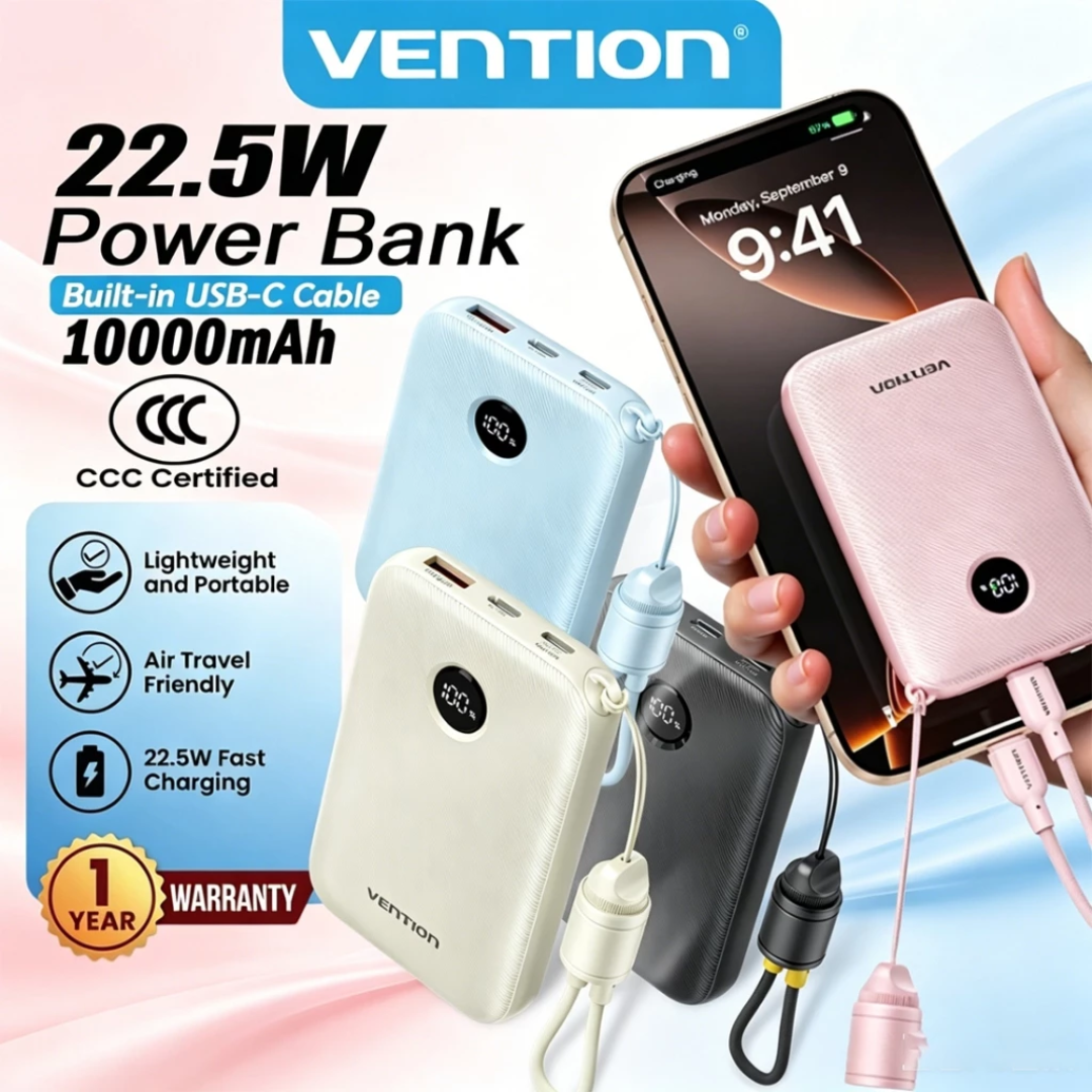 Vention 10000mAh 22.5W PowerBank USB-C+USB-C/USBC/USBA ( Black FKAB0-C-TY | Beige FKAN0-C-TY )