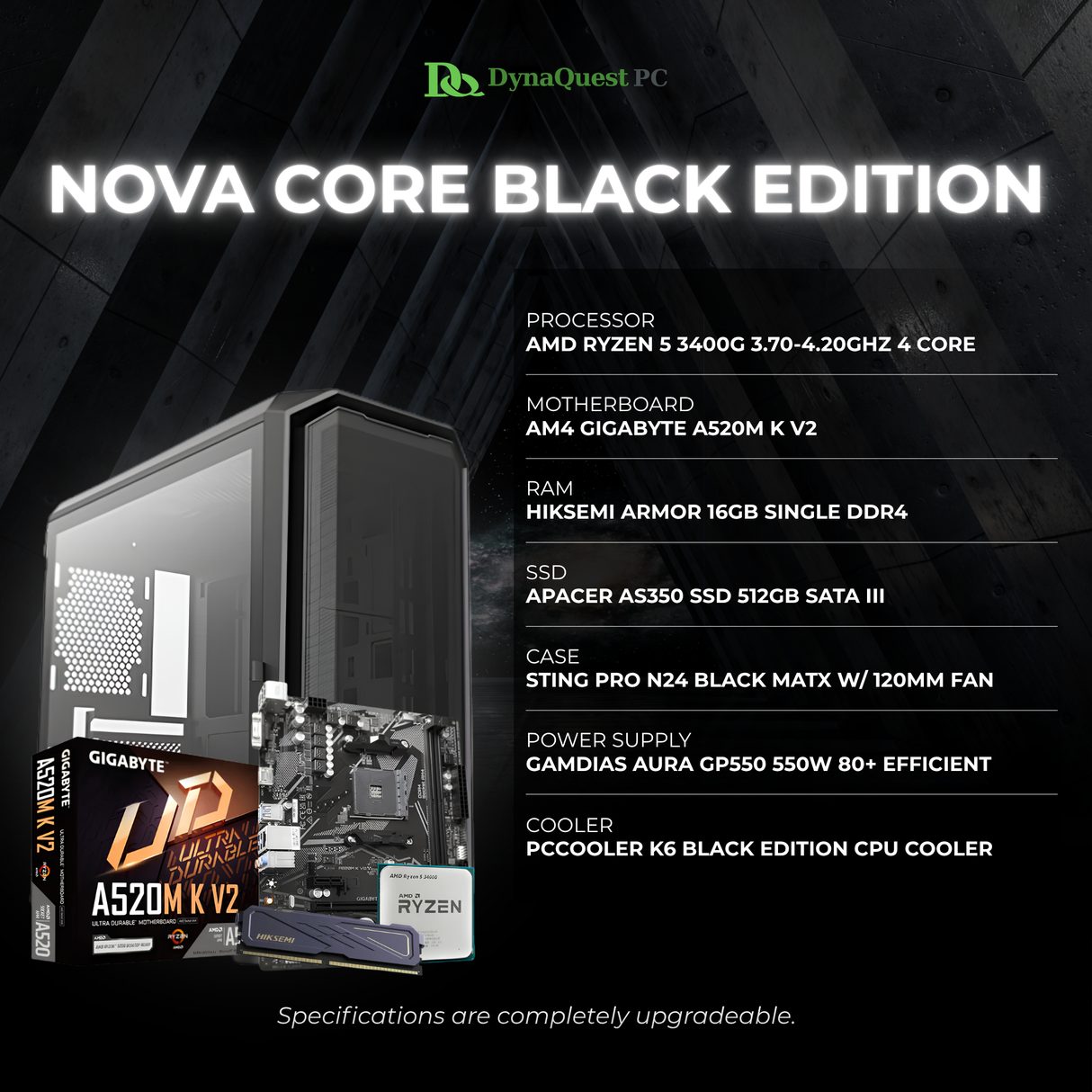 AMD Ryzen 5 3400G | Vega 11 Graphics | A520M K V2 | 16GB DDR4 RAM | 512GB SATA III SSD | 550w 80+ | STRING PRO Case | CPU Package