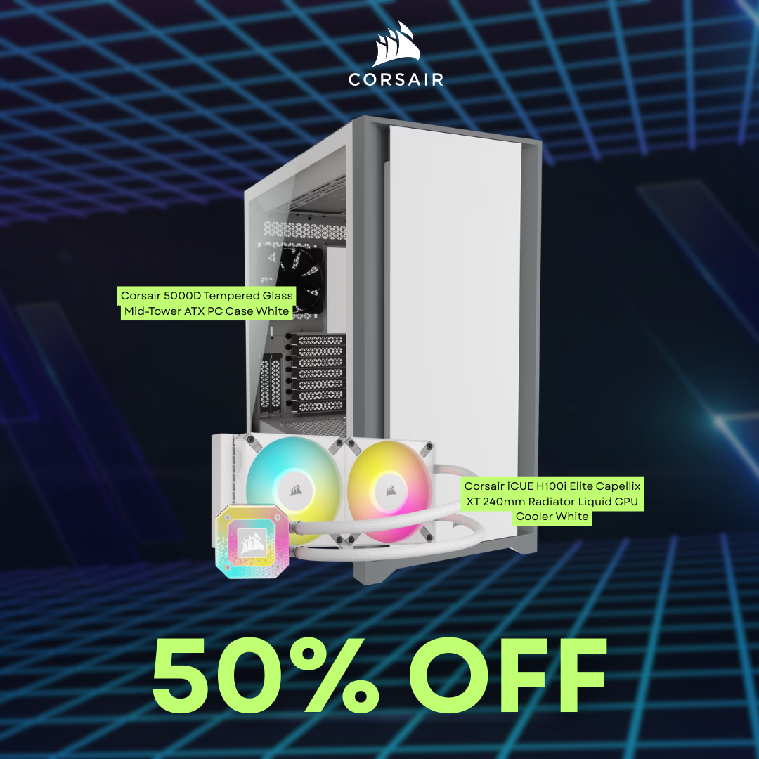 Corsair 5000D Tempered Glass Mid-Tower ATX PC Case White CC-9011209-WW + Corsair iCUE H100i Elite Capellix XT 240mm Radiator Liquid CPU Cooler White CW-9060072-WW