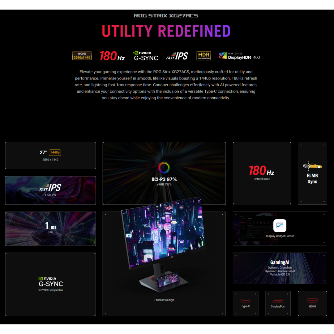 Asus ROG Strix XG27ACS 27" IPS 180Hz WQHD (2560x1440) 1ms GTG Fast USB Type-C Ultra Fast Gaming Monitor