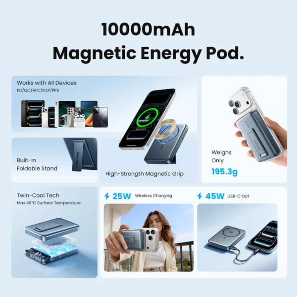 Vention QI2.2 10000mAh 25W Magnetic Wirelesss Power Bank Gray JP387PRO