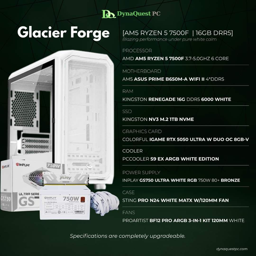 AMD Ryzen 5 7500F 6-Core | B650M | 16GB DDR5 RAM | 1TB NVMe SSD | RTX5050 8GB OC GPU | 750W Bronze PSU | Sting Pro mATX Case | 120mm Air Cooler | CPU Package