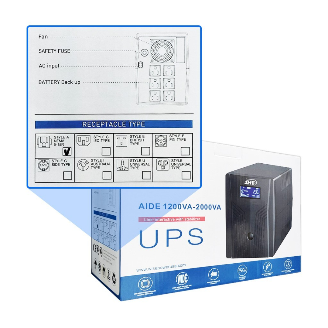 AWP Wise AID2000 Pro LCD 2000VA / 1200W UPS Built-in AVR