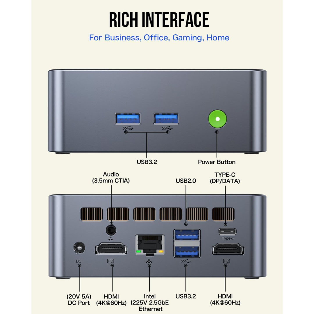 GMKtec M3 NucBox Mini PC (Black) - Intel i5-12450H | 32GB DDR4 | 1TB M.2 | WiFi 6 | 2.5G | Windows 11 Pro | 2xHDMI | USB3.0 | USBC