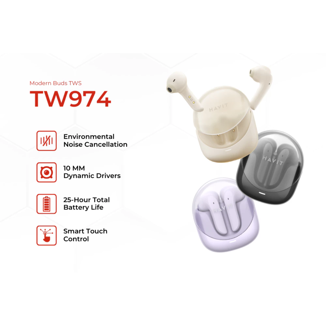 HAVIT TW974 Modern Earbuds | Chic And Stylish Design | 60ms Game Mode Low Latency | USB Port: Type-C