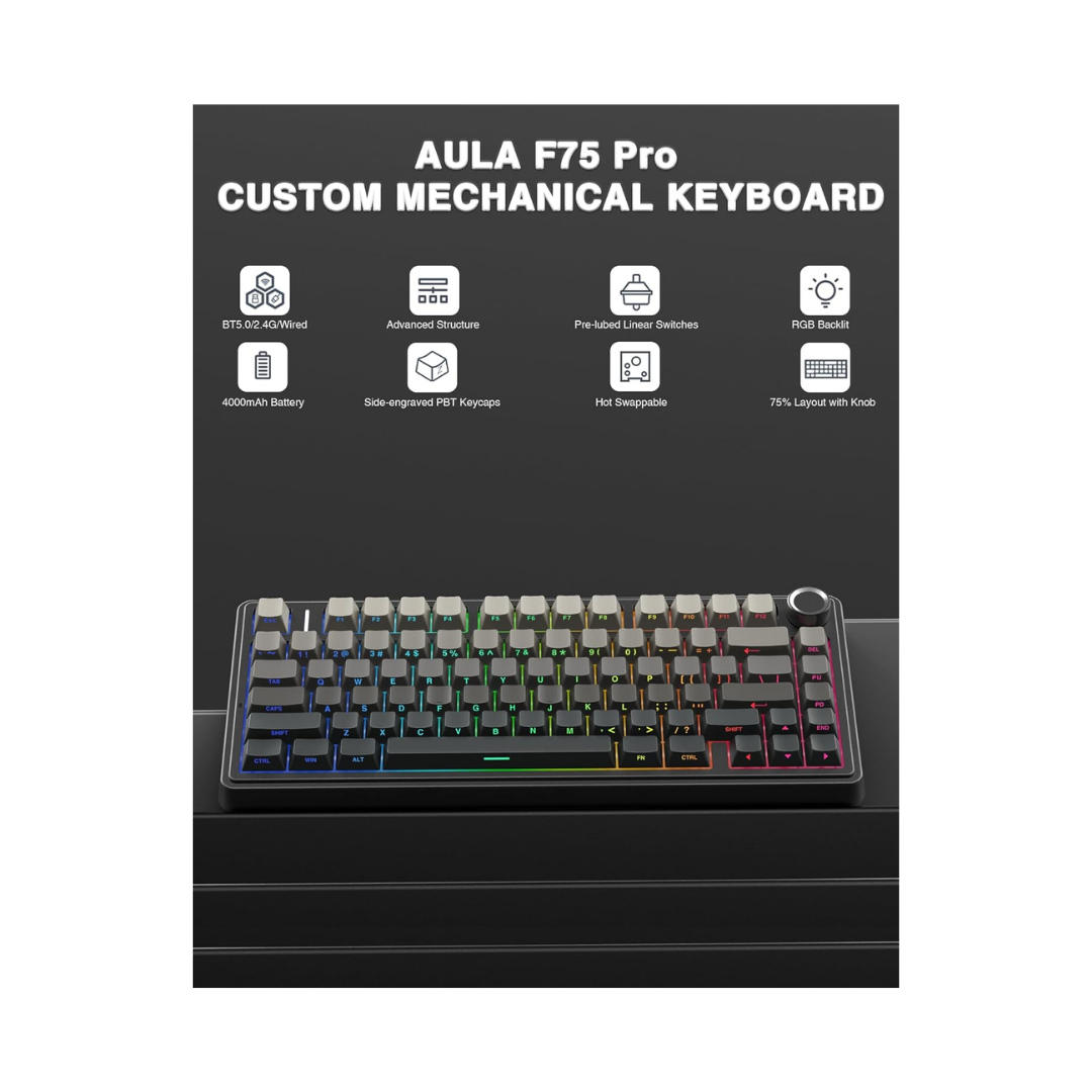 Aula F75 Pro Black Gradient Gray 80 Keys Mechanical Keyboard Reaper Switch