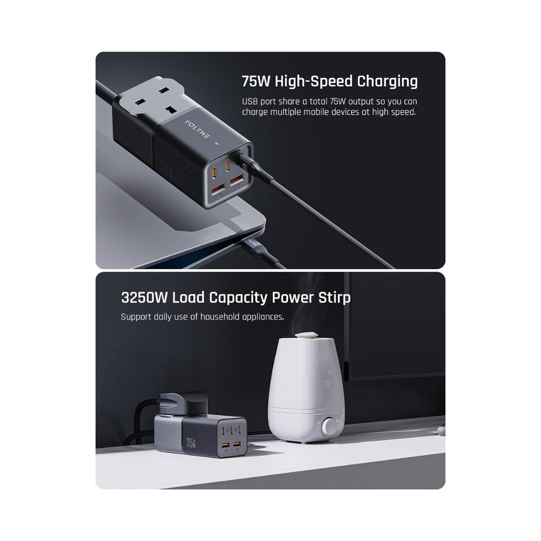 Voltme Vito Go EzTravel Power Strip, 75 W USB C Power Supply, GaN Charger, PD3.0, 5-Port Multiple Fast Charger with AC Cable F4006
