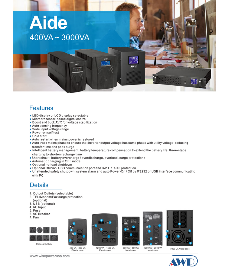 AWP Wise (AID3000 Pro LCD) 3000VA / 220VAC / 1800W UPS with LCD Display