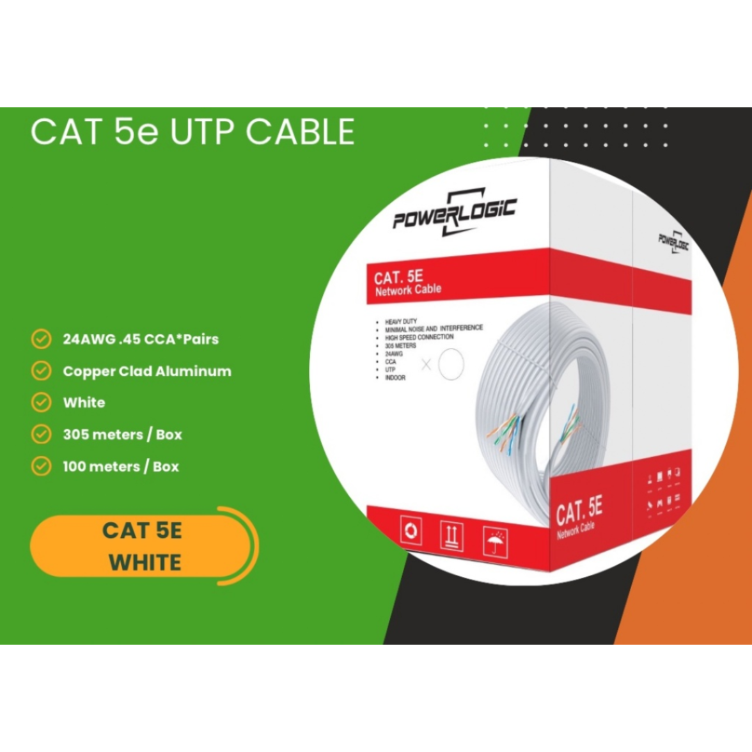 PowerLogic Cat5e Indoor 100m UTP Lan Cable Copper Clad 24AWG .45 CCA White