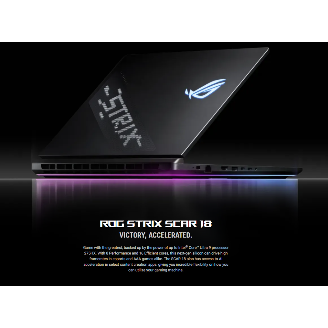 Asus ROG Strix Scar 18 G835LX-SA139WSM Gaming Laptop | 18" 2.5K (2560 x 1600) 240Hz | Intel Core Ultra 9 275HX | 64GB RAM | 2TB SSD | RTX 5090 | Windows 11 Home | MS Office Home 2024 + MS 365 Basic + ROG Backpack + ROG Gladius III Mouse P514