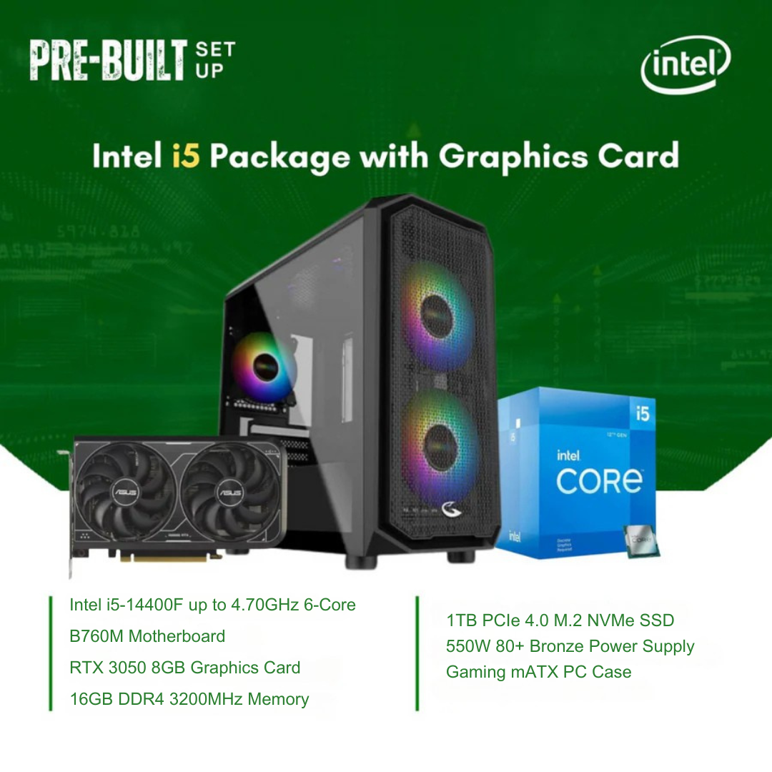 Intel Core i5-14400F | B760M | 16GB DDR4 RAM | 1TB NVMe SSD | RTX 3050 8G GPU | 550W Bronze PSU | Sting Pro mATX Case | CPU Package
