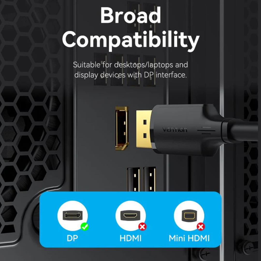 Vention Display Port DP Male to Male 4K @60Hz 2mts for PC Laptop Desktop Monitor TV Projector Displayport Cable HAKBH