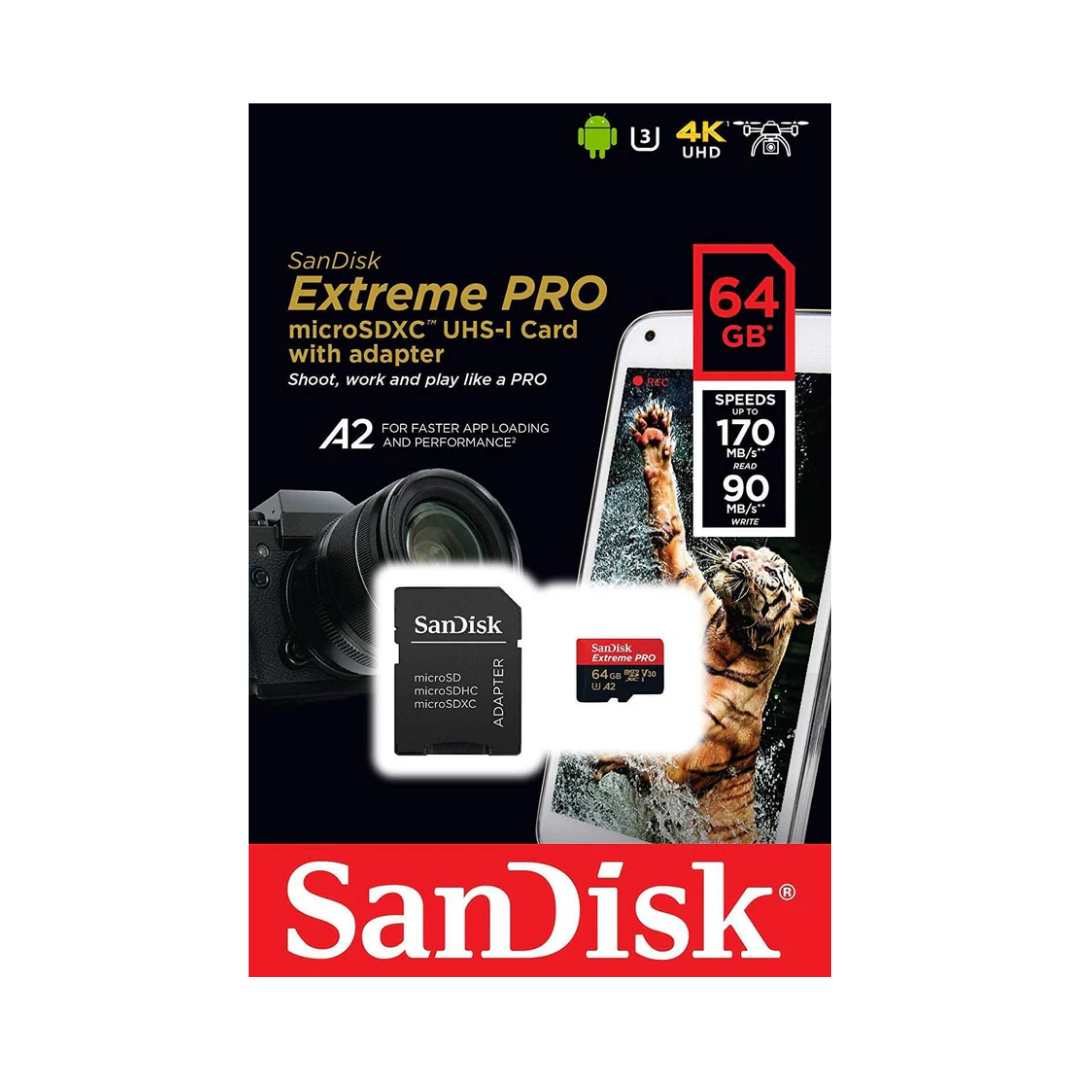 Sandisk Extreme Pro 64GB 200MB/S MICROSDXC UHS-1 Card With Adapter SDSQXCU-064G-GN6MA