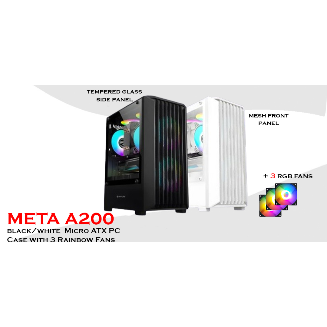 Inplay Meta A200 Black Micro ATX PC Case with 3 Rainbow Fans