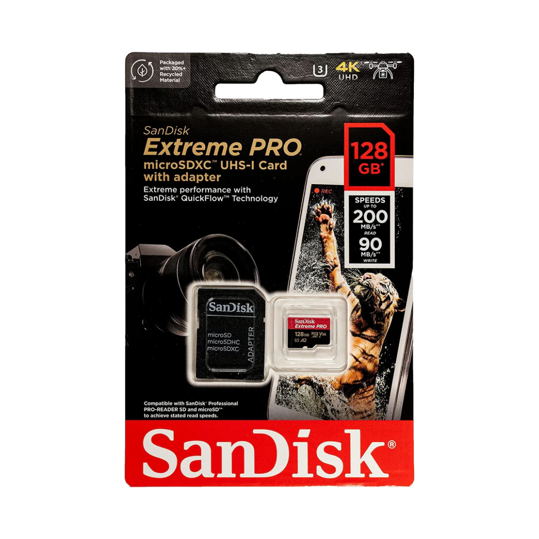 SANDISK Extreme Pro 128GB 200MB/S MICROSDXC UHS-1 Card With Adapter SDSQXCD-128G-GN6MA