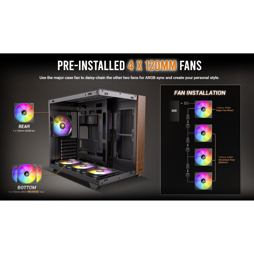 Antec CX800 Wood aRGB TG ATX dual chamber Case with 4x120mm USB3 1C 1A