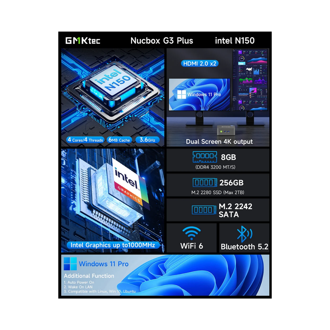 GMKtec M3 Plus NucBox Mini PC (Black) - Intel 12th Twin Lake N150 | 8GB DDR4 | 512GB M.2 | WiFi 6 | 2.5G | Windows 11 Pro