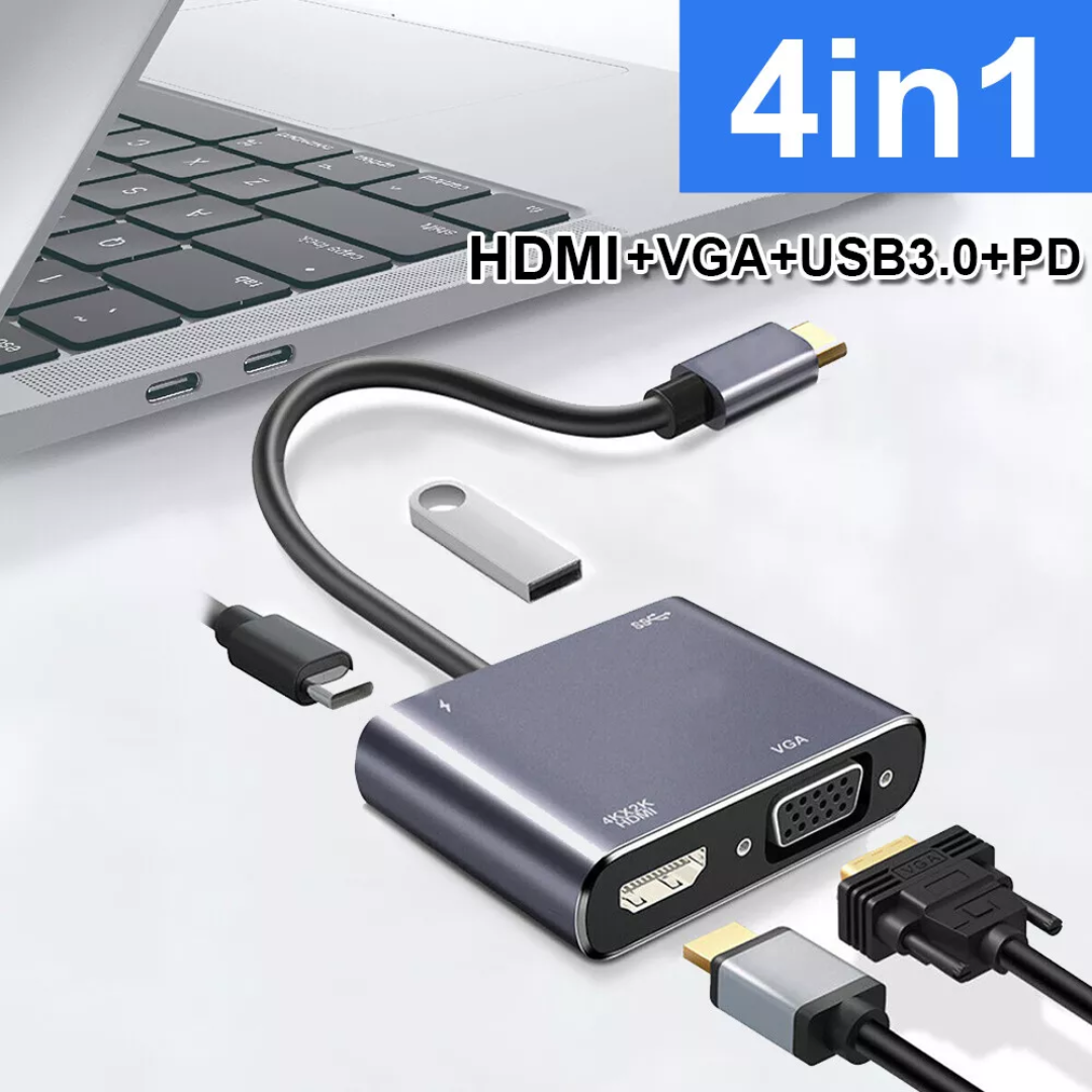 Jyocun 4 in 1 USB C Hub Multifunction Adapter JT004-TYPE-C USB-C Hub with 4K HDMI, 100W Power Delivery, USB-A Data Port, VGA Port