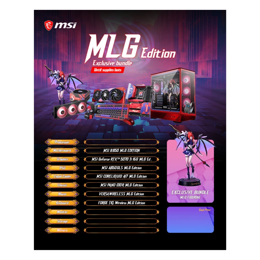 MSI MLG Edition PC Build - B850 MB | RTX 5070 Ti 16G GPU | A850GLS PSU | Coreliquid A17 AIO | PANO 130R Case | Versa Wireless Mouse | Forge TKL Wireless KB