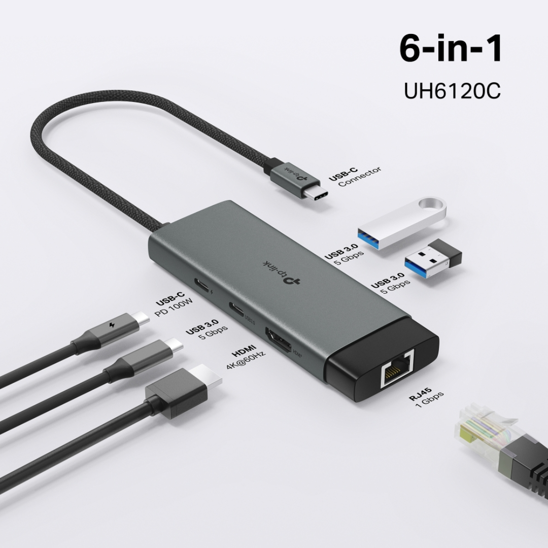 TP-Link UH6120C USB 3.0 Type-C 6-in-1 Portable USB Hub | USB-C | Plug & Play | Gigabit Connection | 100W Fast Charging