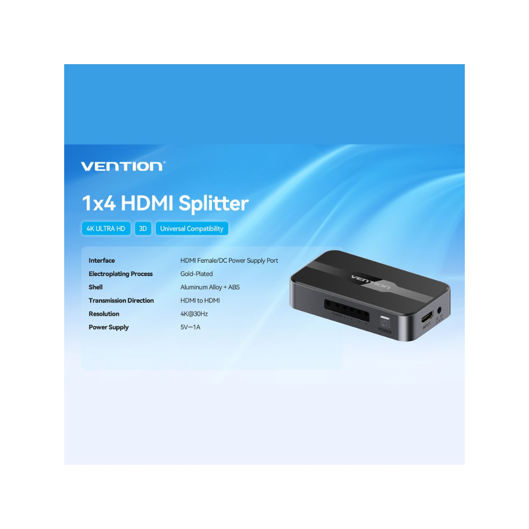 Vention HDMI 1x4 Splitter 1 In 4 Out HDMI Spliter 4K HD 3D Vision Audiovisual Sync HDMI Port Hub With Power Supply For Computer TVbox PS3 4 Laptop Projector Monitor HDMI Switch Adapter HDMI Switcher ( A12B0-US )
