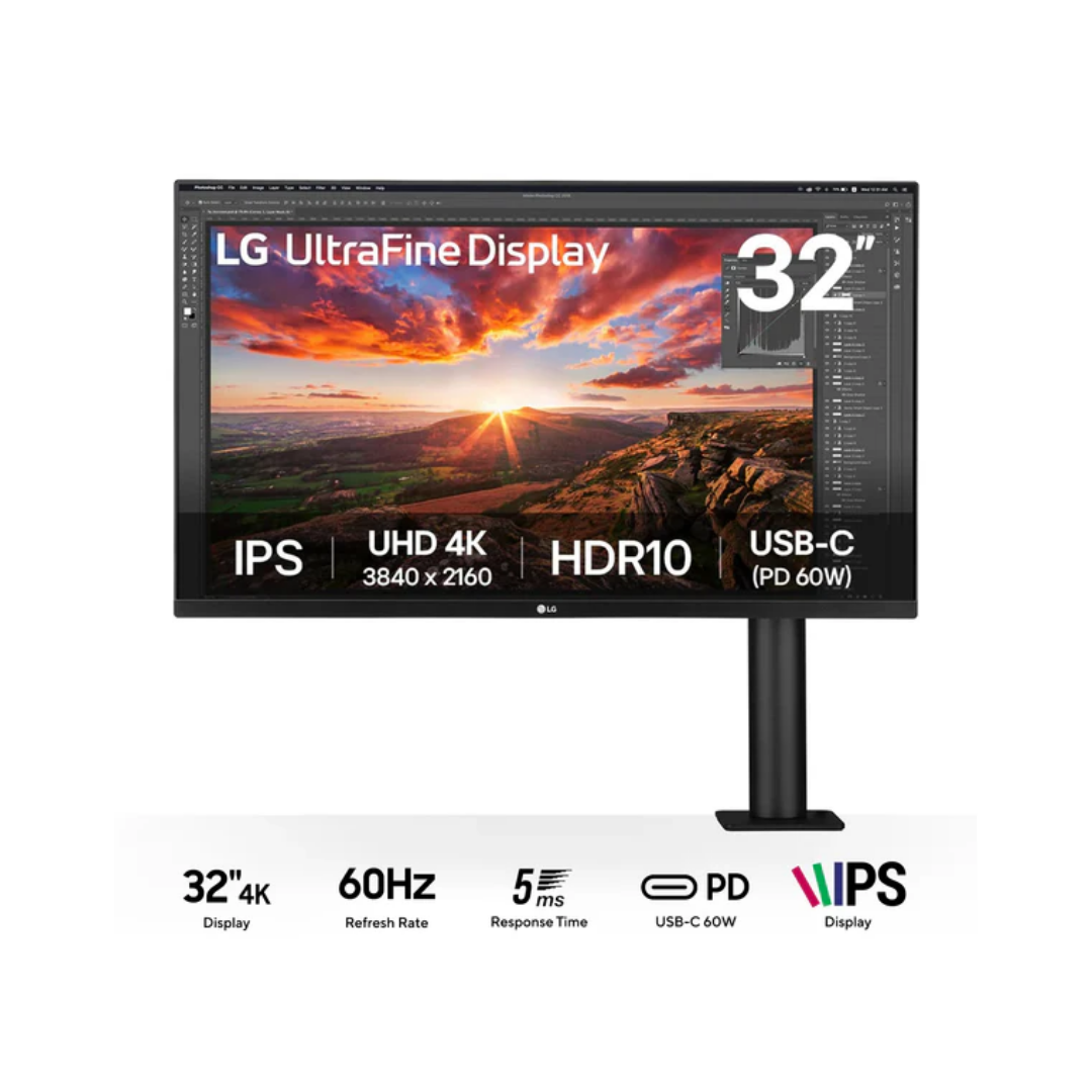LG 32UN880K-B 31.5" IPS 60Hz 4K UHD 3840x2160 5ms GTG Ergo USB-C Monitor With C-Clamp, Tilt, Height, Swivel, Pivot Adjustment