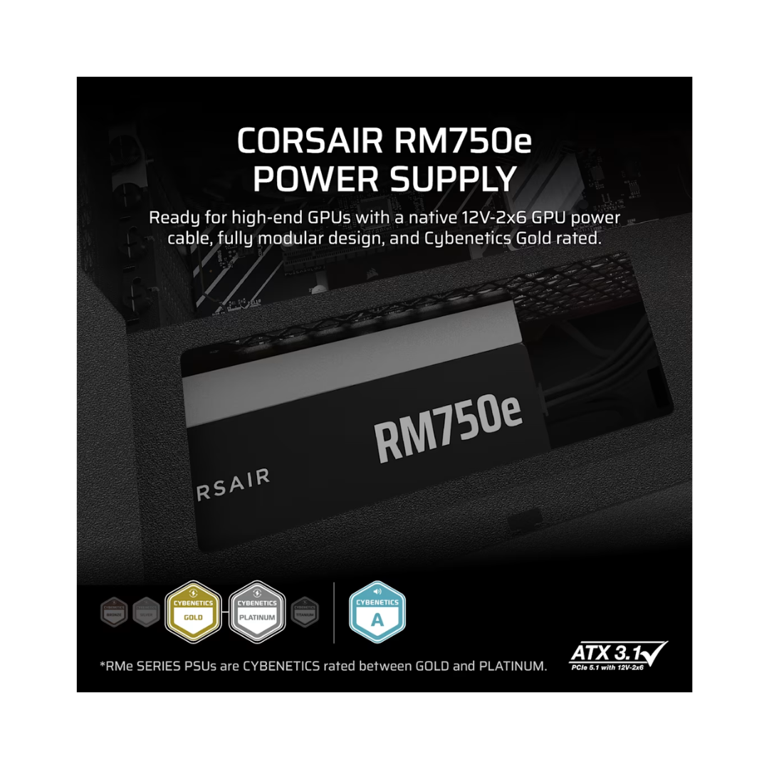 Corsair RM750e Cybernetics Gold 750W ATX 3.1 Fully Modular Low-Noise Power Supply CP-9020295-NA