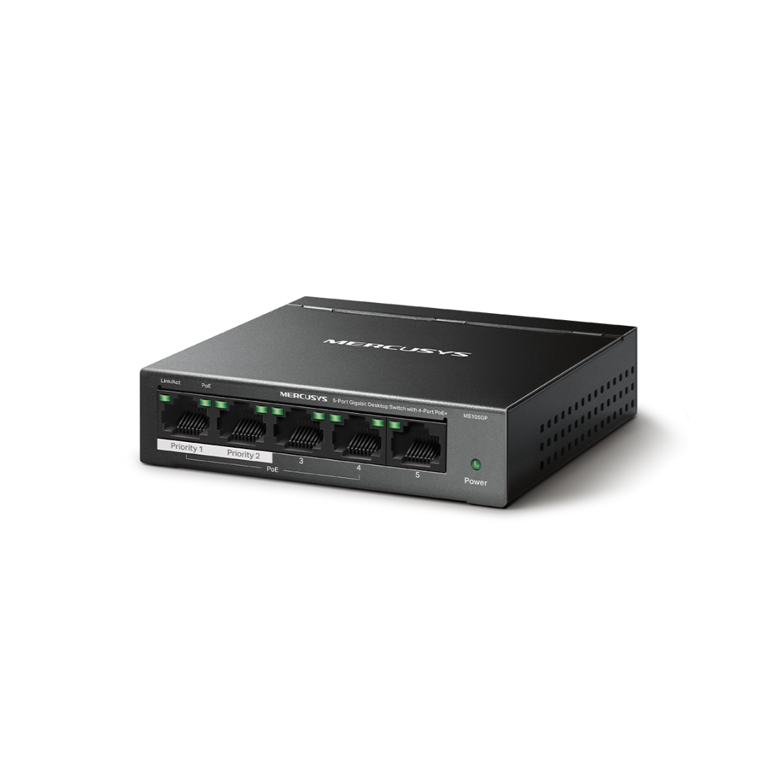 Mercusys MS105GP 5-Port Gigabit Desktop Switch 4-Port PoE+ Extend and Isolation Mode 65W PoE Budget Plug and Play