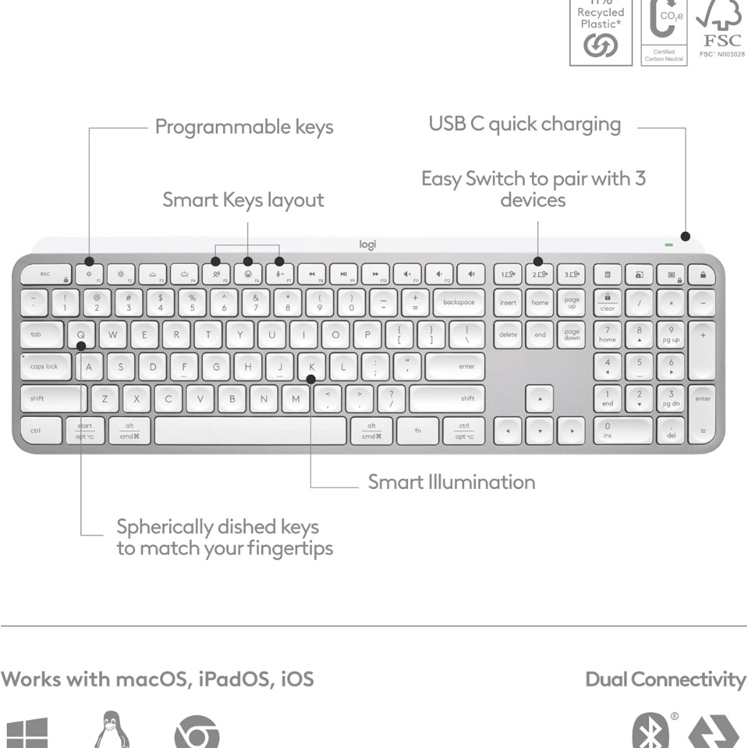 Logitech MX Keys S Advanced Wireless Illuminated Keyboard Pale Gray 920-011564