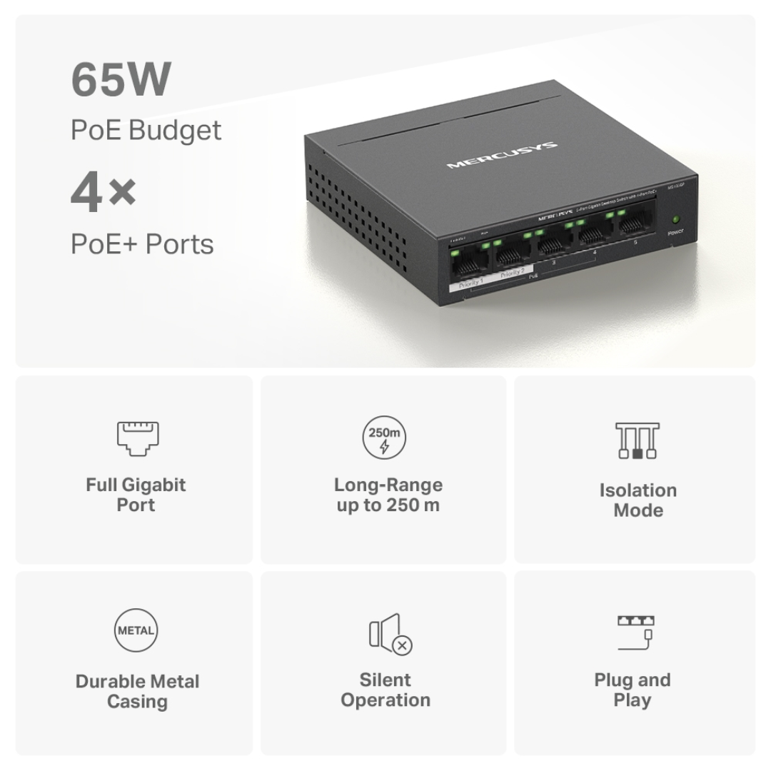 Mercusys MS105GP 5-Port Gigabit Desktop Switch 4-Port PoE+ Extend and Isolation Mode 65W PoE Budget Plug and Play