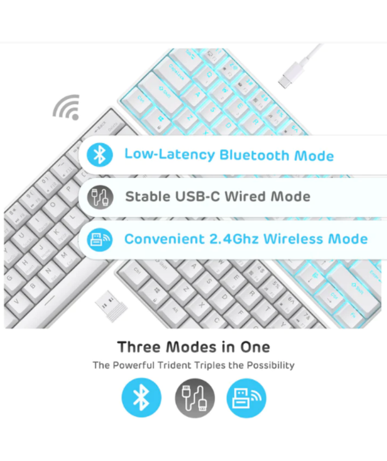 RK Royal Kludge RK61 Wired / Wireless RGB 60% Compact 61-Keys White Blue Switch Tri mode Hotswappable Mechanical Keyboard