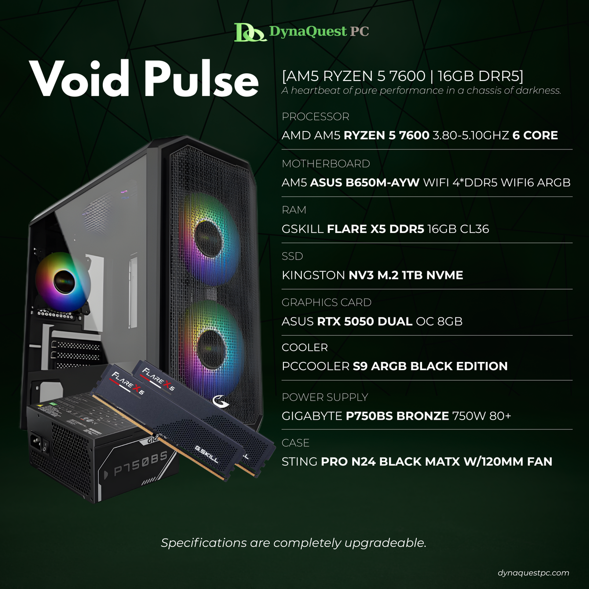 AMD Ryzen 5 7600 6-Core | B650M-AYW | 16GB DDR4 RAM | 1TB NVMe SSD | RTX 5050 8GB OC GPU | 750W Bronze PSU | STING PRO Case | 120mm Air Cooler | CPU Package